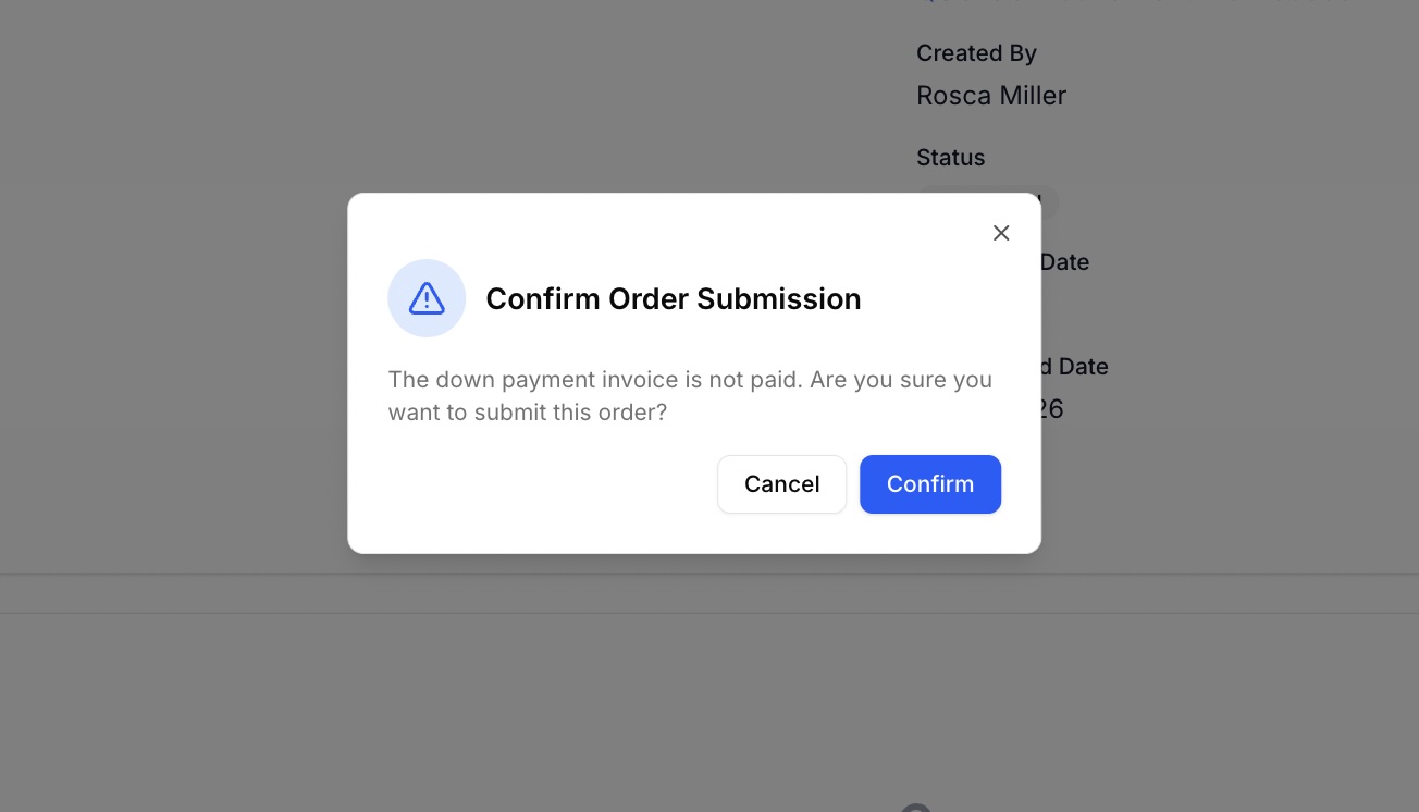 Order Down Payment Warning