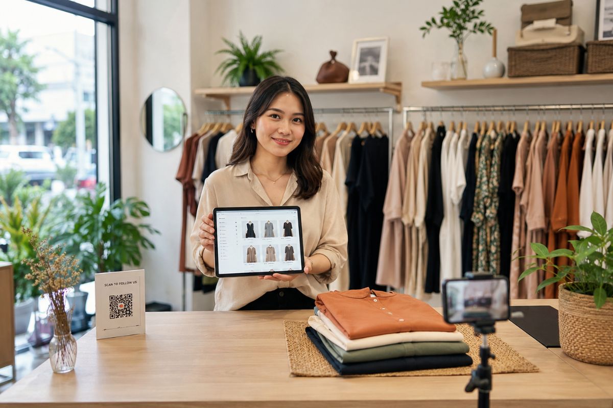 pemilik toko sedang menunjukan platform toko online nya