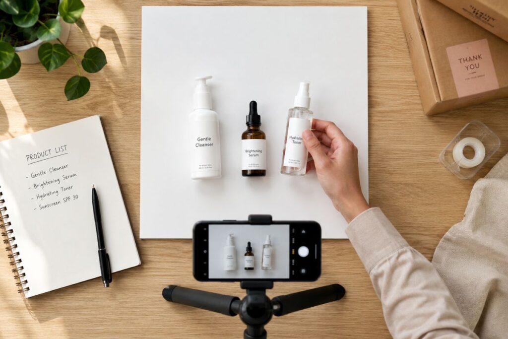 seseorang sedang foto produk skincare untuk diupload ke toko online