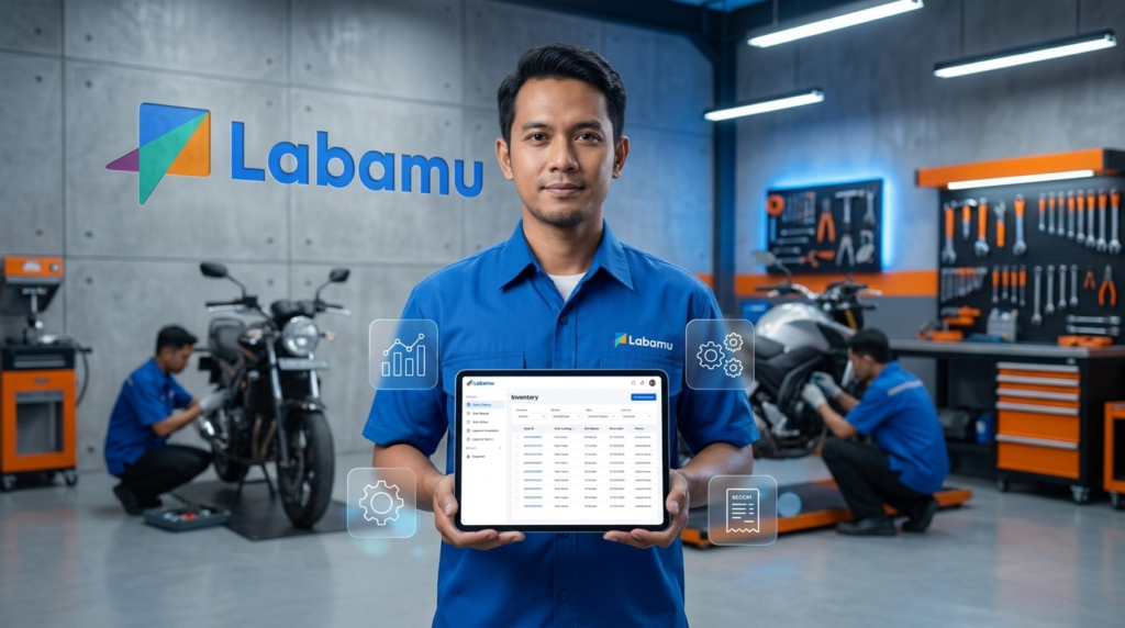 aplikasi kasir bengkel motor dengan labamu pos