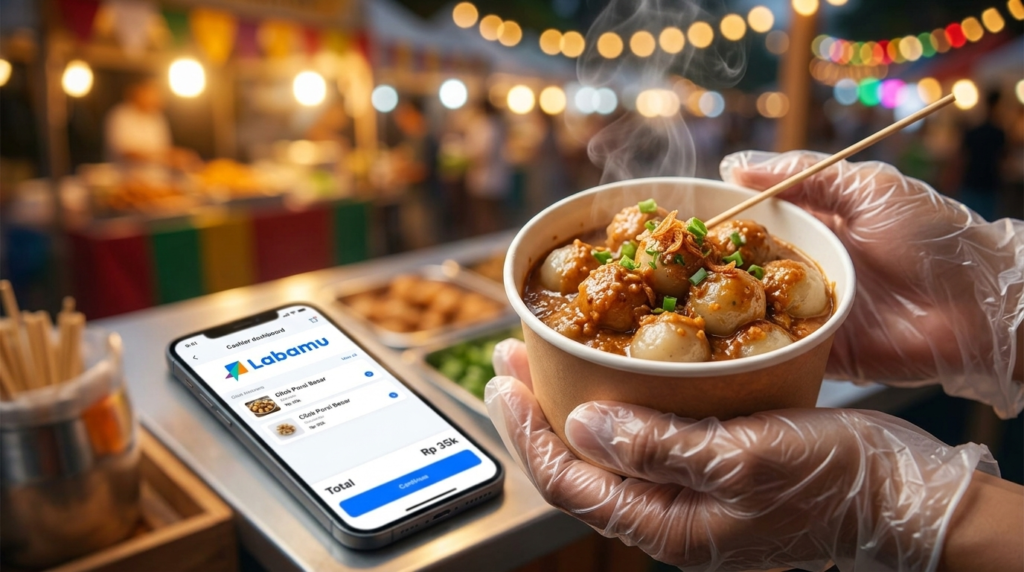 makanan bazar bayar dengan aplikasi kasir labamu