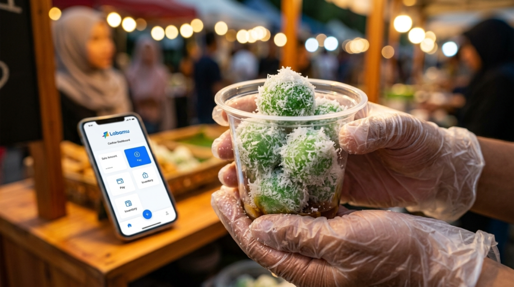 makanan bazar klepon bayar dengan aplikasi kasir labamu