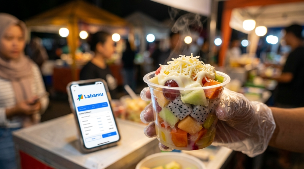 makanan bazar salad buah bayar dengan aplikasi kasir labamu
