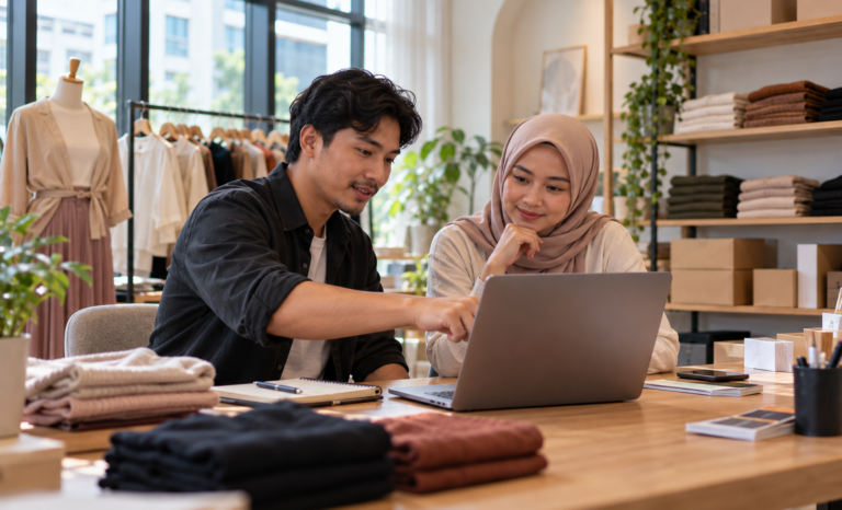 Owner toko baju sedang me review websitenya yang berbasis PHP bersama developernya