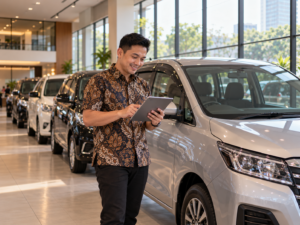 Konsultan mobil bekas sedang mempersiapkan produknya untuk dijual