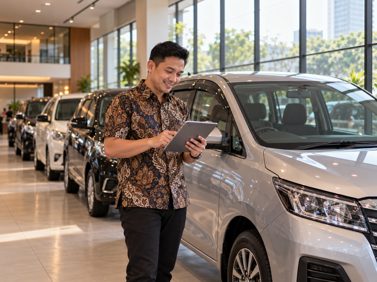 Konsultan mobil bekas sedang mempersiapkan produknya untuk dijual